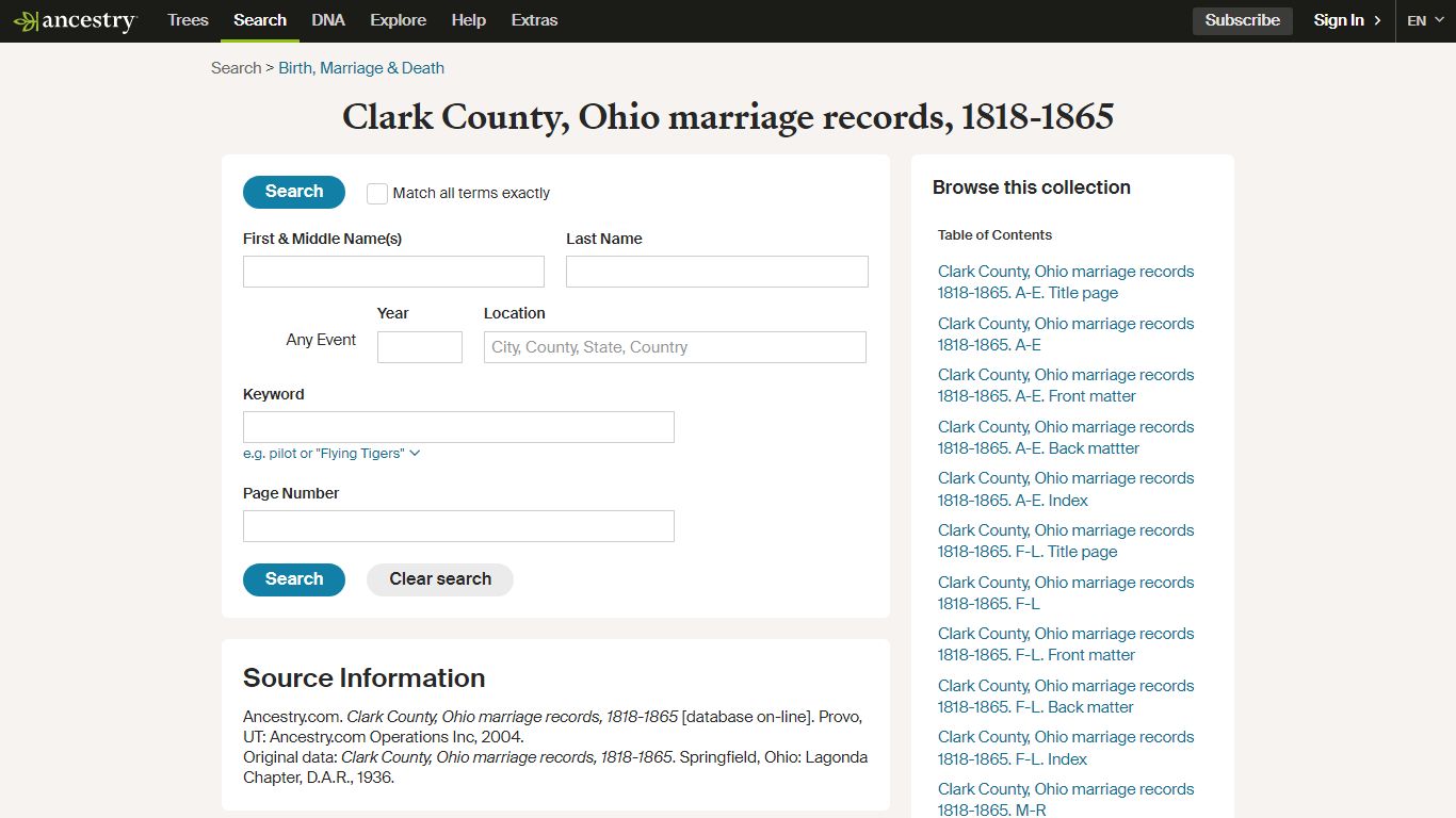 Clark County, Ohio marriage records, 1818-1865