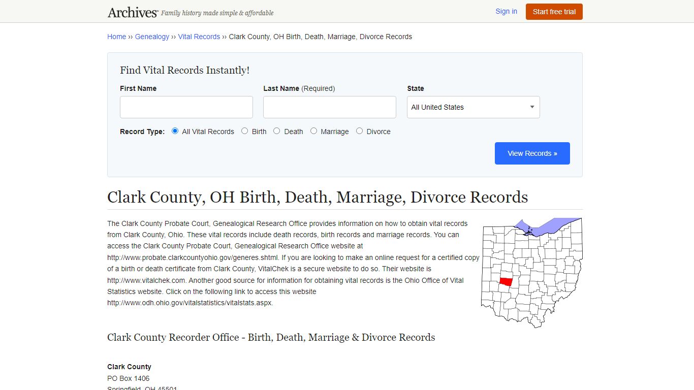 Clark County, OH Birth, Death, Marriage, Divorce Records