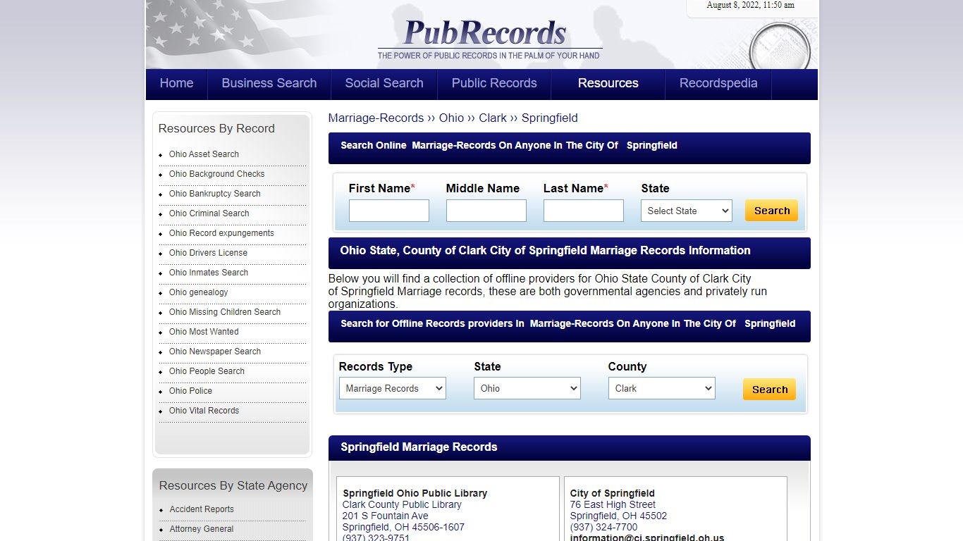 Springfield, Clark County, Ohio Marriage Records